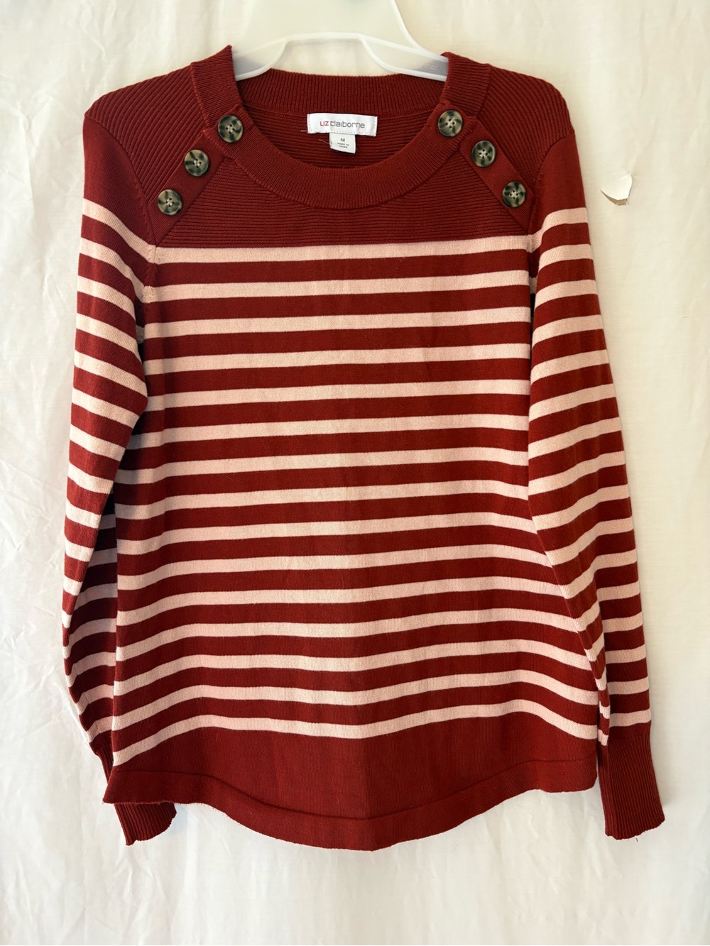 Liz Claiborne Rust Red and Cream Striped Button-Shoulder Sweater